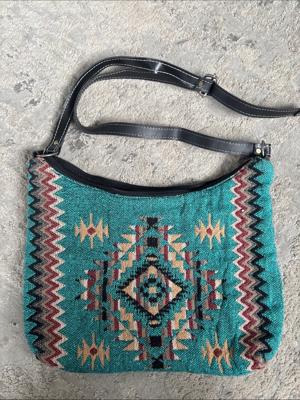 Turquoise Aztec Pattern Shoulder Bag with Black Strap